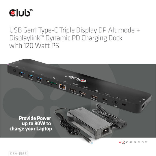 Club3D USB-C Docking Station με HDMI/DisplayPort 4K PD Ethernet Μαύρο (CSV-1566)