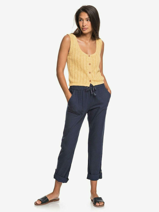 On The Seashore Women's Linen Capri Trousers with Elastic Regular Fit Navy Blue