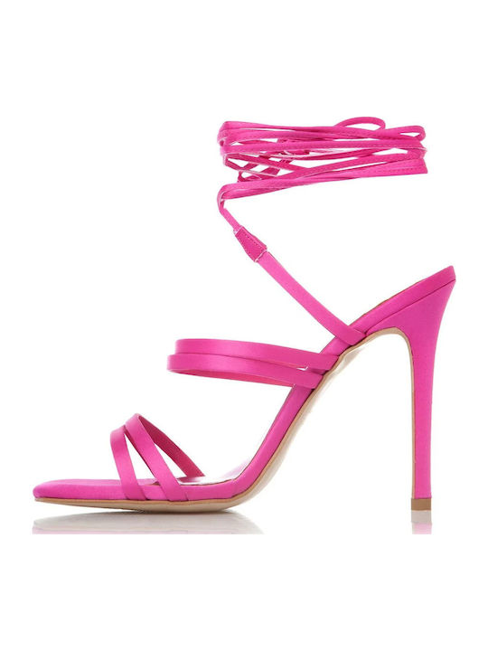 Fabric Women's Sandals with Laces Fuchsia with Thin High Heel