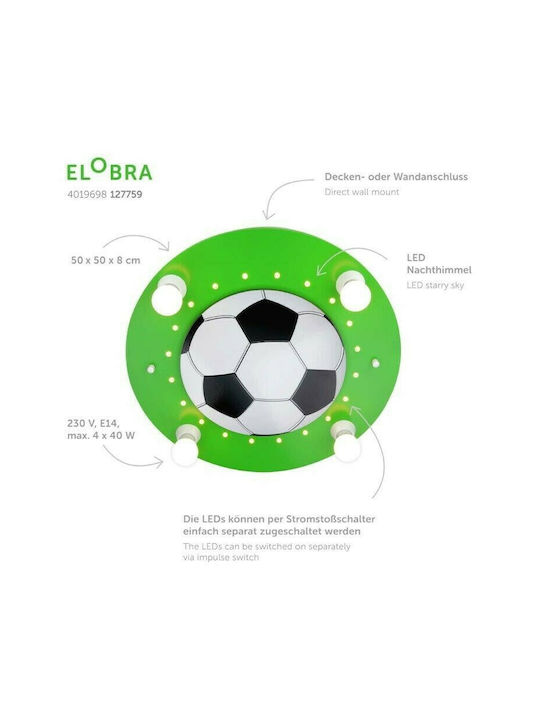 Elobra Football Multi Bulbs Kids Lighting Ceiling Light Wooden 40W with Drive Size E14 Πράσινο