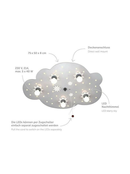 Elobra Star Cloud Candelabru Lumină de tavan pentru copii Lampă de tavan din lemn 40W cu suport pentru bec E14 Ασημί