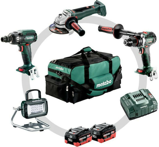 Metabo Battery Tool Set 18Volt 4.3.2 Angle Wheel & Drill Driver & Impact Driver Brushless 18V with 2 Batteries 10Ah and Case