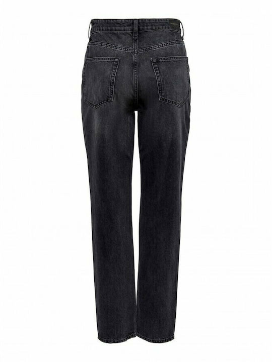 Robyn High Waist Women's Jean Trousers with Rips in Straight Line Washed Black