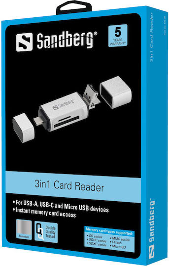 Sandberg Кард Рийдър micro USB USB 3.0 Type-C За SD/микро SD Бял