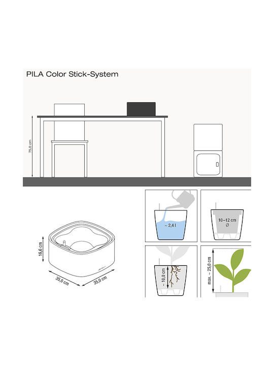 Lechuza Pila Stick Self-watering Planter Box Plastic Light Grey 35x35x16.6cm.