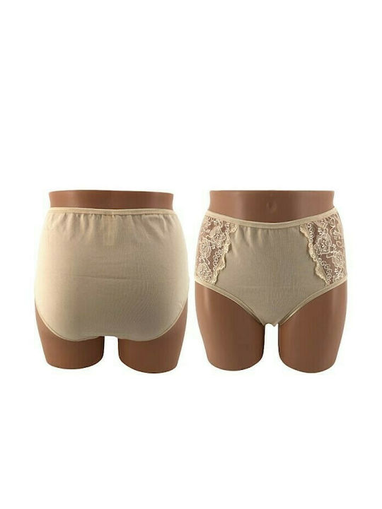 IDER -2P Baumwolle Hohe Taille Damen Slip 2Pack mit Spitze Beige