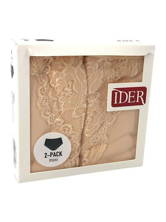 Βαμβακερά High Waist Women's Slip 2Pack with Lace Beige