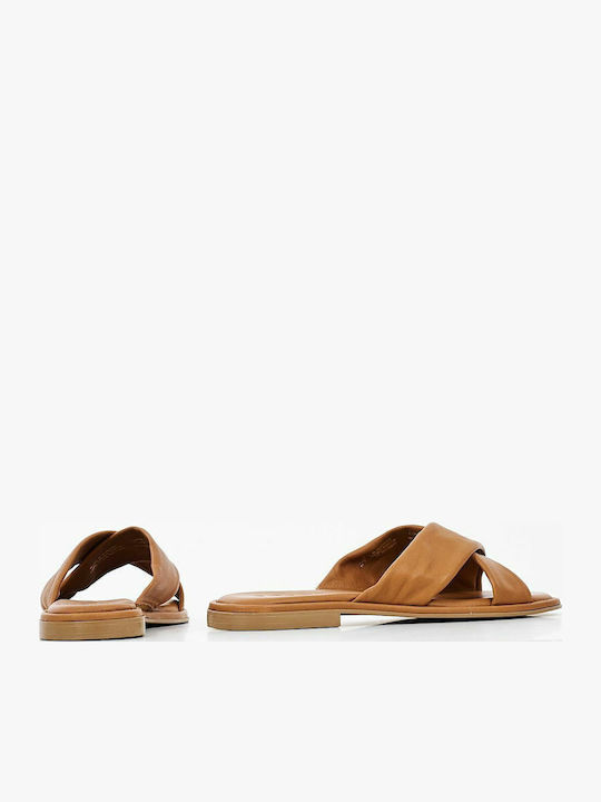 Leather Women's Flat Sandals in Tabac Brown Color