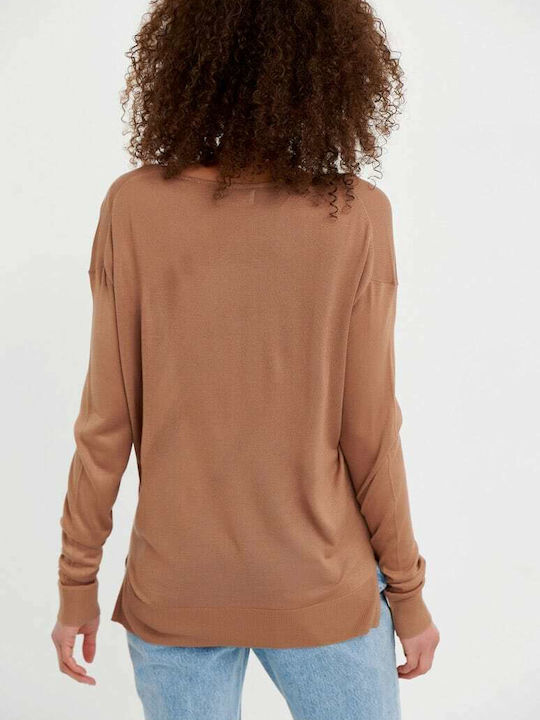 Funky Buddha Women's Long Sleeve Pullover with V Neck Brown