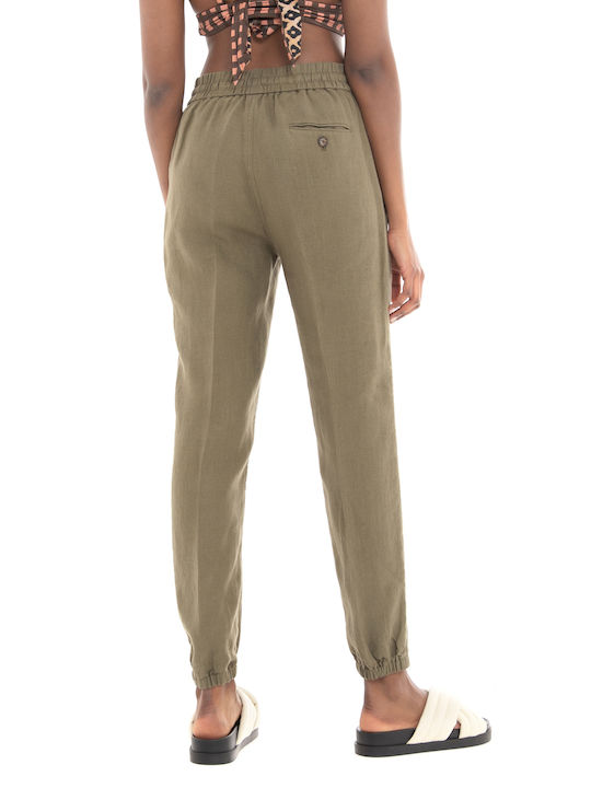 Ralph Lauren Women's High-waisted Linen Trousers with Elastic Khaki