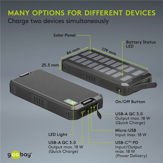 Goobay 53934 Ηλιακό Power Bank 20000mAh 18W με 2 Θύρες USB-A και Θύρα USB-C Power Delivery Μαύρο