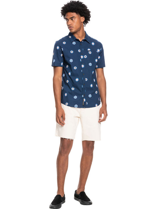 Cosmos Short Sleeve Cotton Shirt in Regular Fit Floral Navy Blue EQYWT04280 BSN6