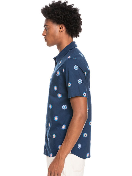 Cosmos Short Sleeve Cotton Shirt in Regular Fit Floral Navy Blue EQYWT04280 BSN6