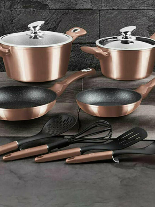 Berlinger Haus Metallic Line Cookware Set Made of Aluminum Rose Gold Collection with Stone Coating 4 Pieces