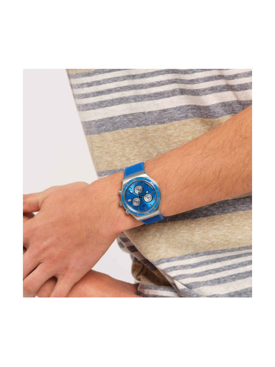 Swatch Blue Is All Irony Uhr Chronograph Batterie mit Blau Kautschukarmband