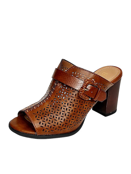 Mules with Chunky High Heel in Brown Color