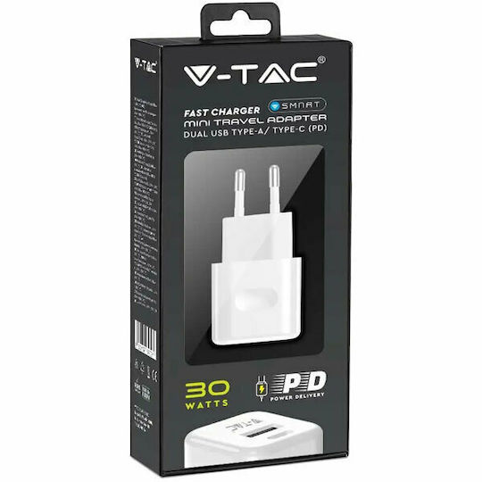 V-TAC Încărcător fără cablu cu port USB-A și port USB-C 30W Livrarea energiei Alb (VT-5330)