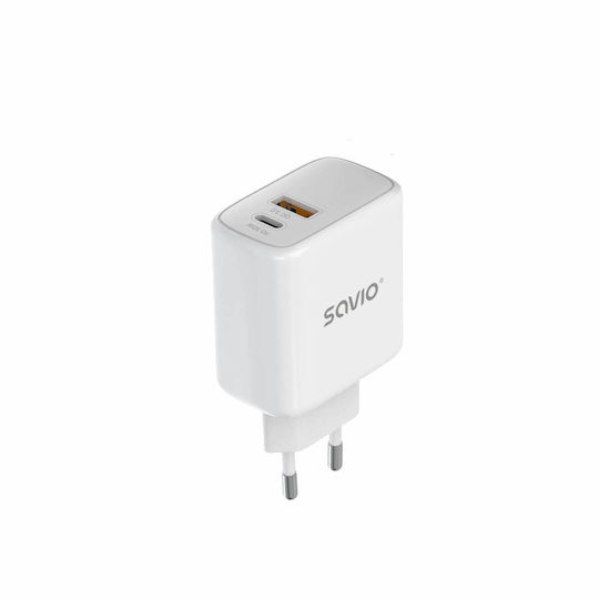 Savio Зарядно без кабел с USB-A порт и USB-C порт 30W Power Delivery / Quick Charge 3.0 Бял (LA-06)