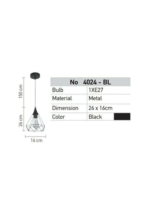 Inlight 4024 Hängende Deckenleuchte Federung Raster für Fassung E27 Schwarz 4024-BL