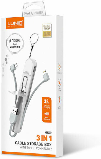 Ldnio Flat / Keychain USB to Lightning / Type-C / micro USB Cable Λευκό 0.43m (LC130)