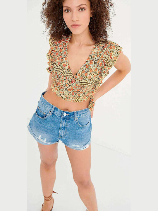 Γυναικείο Καλοκαιρινό Crop Top Αμάνικο με V Λαιμόκοψη Floral Dark Orange