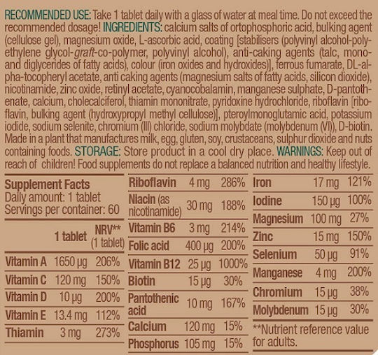Biotech USA Vegan Multivitamin Multivitamin for Energy, Immune System Boost & Bone Health 60 Tablets