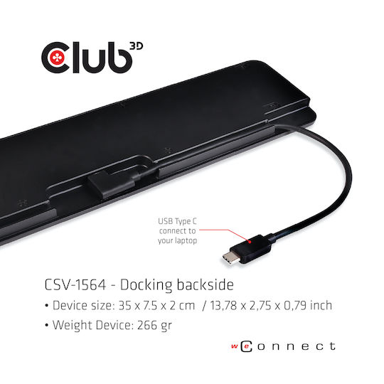 Club3D USB-C Docking Station with HDMI/DisplayPort 4K PD Ethernet and Support for 3 Monitors Black (CSV-1564W100)
