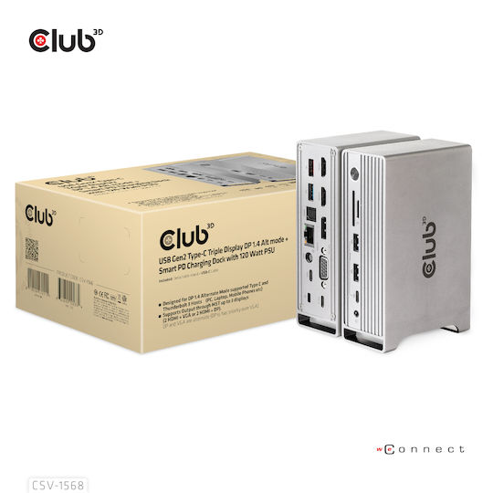 Club3D USB-C Докинг станция с DisplayPort 4K PD Ethernet и свързване 3 монитора Сребрист (CSV-1568)