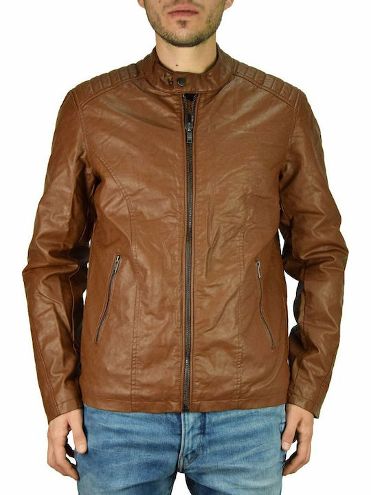 Faux Leather Jacket Biker Tabac Brown