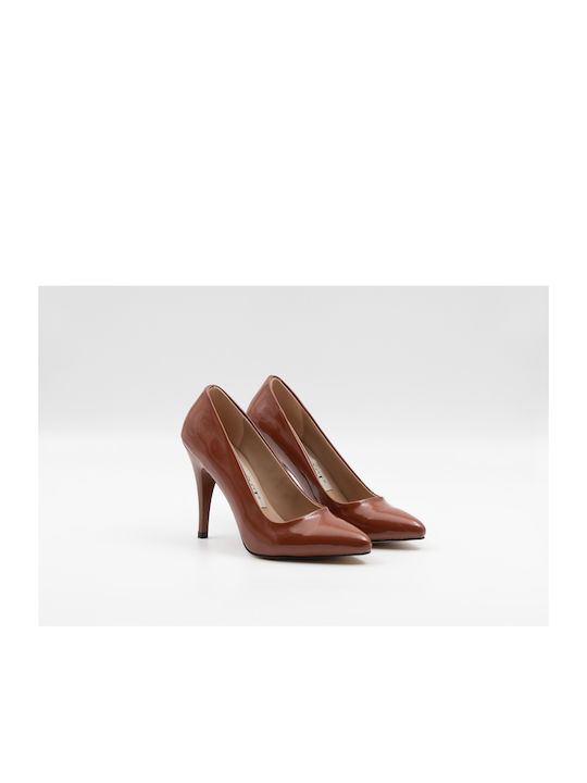 PATENT LEATHER POINTED PUMPS WITH THIN HEEL, CODE: 844-COFFEE