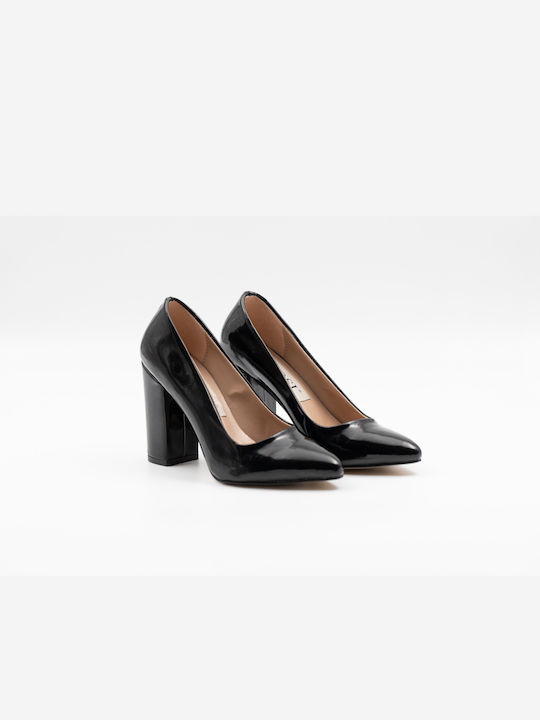 PATENT LEATHER POINTED PUMPS WITH THICK HEEL, CODE: 598-BLACK