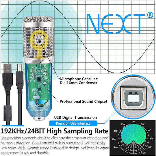 Next GS-800 Set Condenser Microphone USB Desktop, Shock Mounted for Vocals in Silver Color
