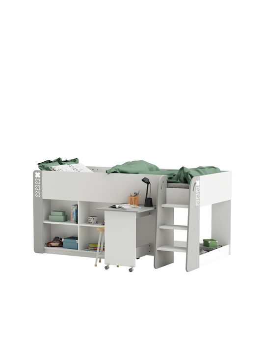 Haspen Pat pentru Copii Loft Bed Single cu Spațiu de Depozitare Alb pentru Saltea 90x200cm
