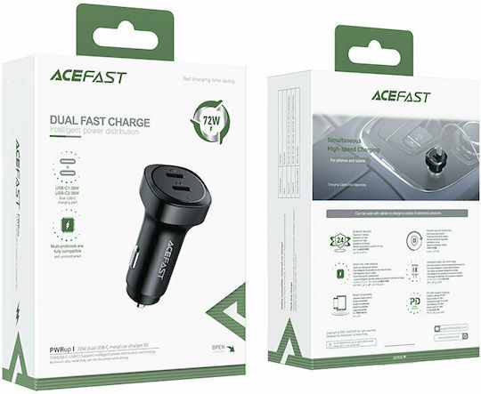 Acefast B2 Car Charger 72W Fast Charging with Ports 2xUSB Black Color