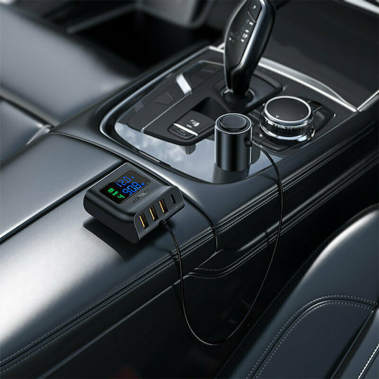 Acefast B8 Încărcător Auto 90W 3A De Încărcare Rapidă Cu Porturi 3xUSB-A 1xType-C Cu Cablu Integrat Culoare Neagră