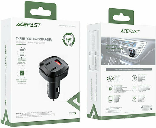 Acefast B3 Autoladegerät 66W 4A Schnellladen mit Anschlüssen: 1xUSB 1xType-C Schwarz Farbe