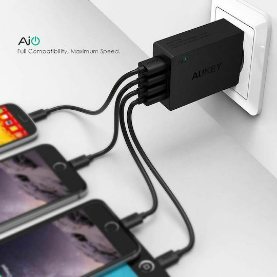 Aukey Φορτιστής Χωρίς Καλώδιο με 4 Θύρες USB-A 40W Μαύρος (PA-U36)