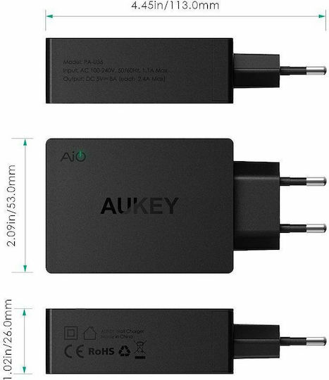 Aukey Φορτιστής Χωρίς Καλώδιο με 4 Θύρες USB-A 40W Μαύρος (PA-U36)