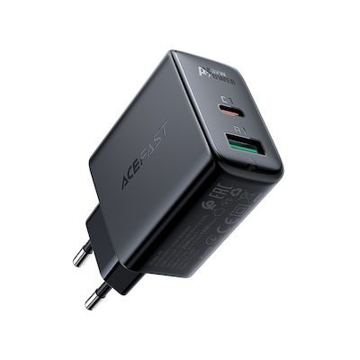 Acefast Charger Without Cable with USB-A Port and USB-C Port 32W Power Delivery / Quick Charge 3.0 Blacks (A5)