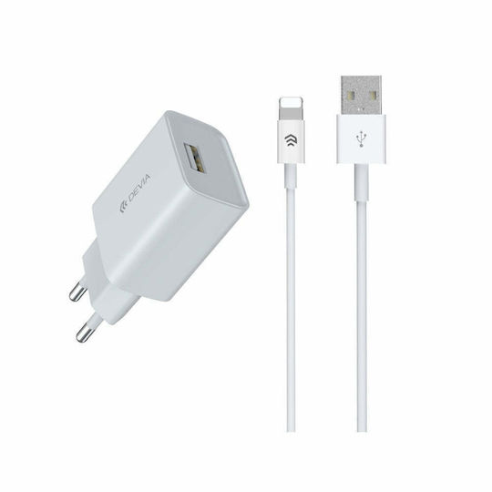 Devia Φορτιστής με Θύρα USB-A και Καλώδιο Lightning Λευκός (Smart)