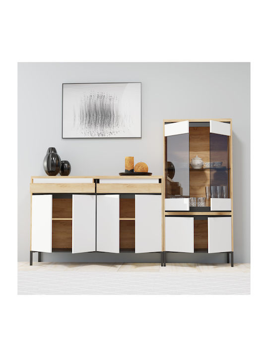 Palmor Wohnzimmer Vitrine aus Spanplatte mit Verglasung Gold Eiche / Weiß 77x40x164cm