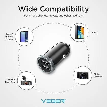 Veger Mini Car Charger with Ports: 2xUSB White Color