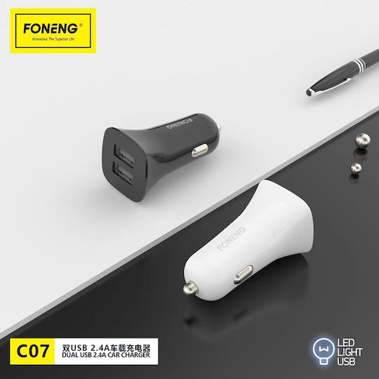 Foneng C07 Car Charger 12W 2.4A with Ports: 2xUSB Black Color