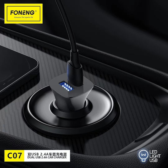Foneng C07 Car Charger 12W 2.4A with Ports: 2xUSB Black Color