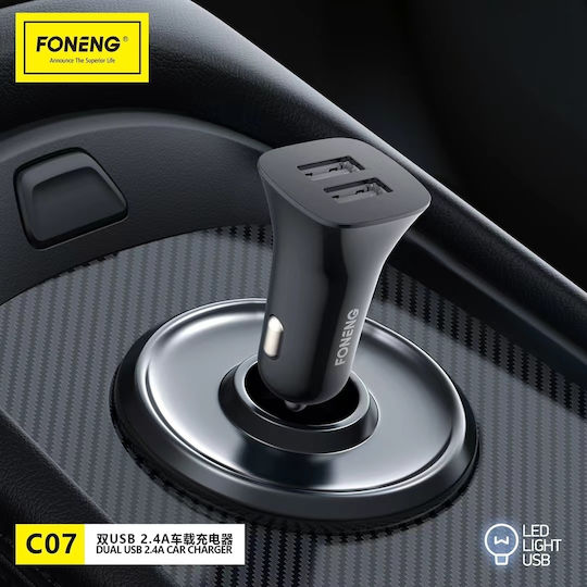Foneng C07 Car Charger 12W 2.4A with Ports: 2xUSB Black Color