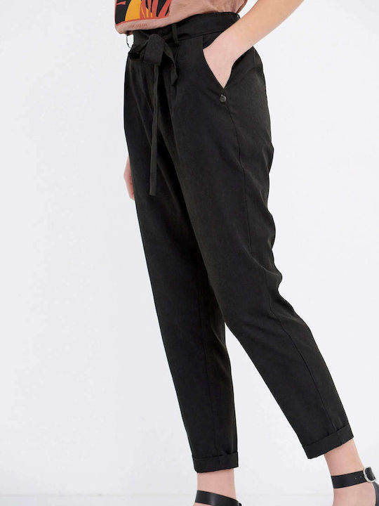 Women's High-waisted Fabric Capri Trousers with Elastic Regular Fit Black