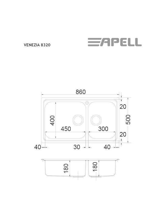 Apell Venezia 8320 Ένθετος Νεροχύτης Αριστερός Inox Σαγρέ Μ86xΠ50cm Ασημί