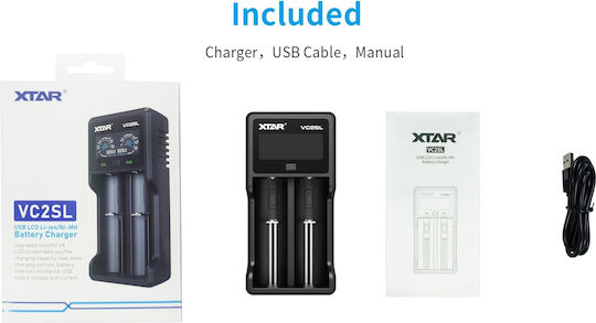XTAR VC2SL USB Charger 2 Batteries Li-ion/Ni-MH Size AA/AAA/D/18650/21700/16340/26650/14500