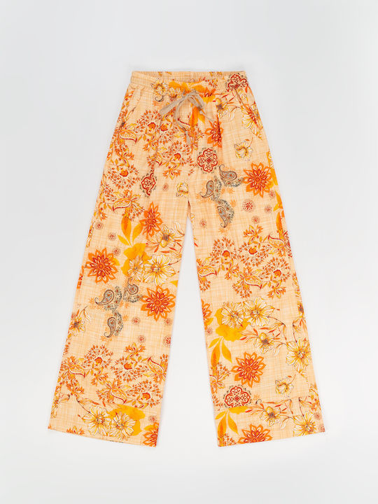 Abita Women's High-waisted Fabric Trousers with Elastic Straight Line Floral Orange