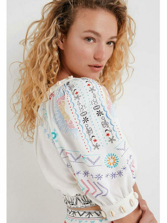 Γυναικείο Καλοκαιρινό Crop Top Λινό με Μανίκι 3/4 Λευκό
